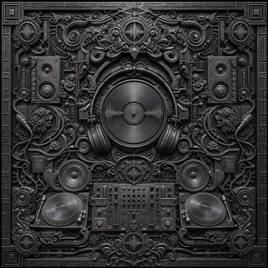 Relief Noir music theme with carved turntables, speakers and soundwaves