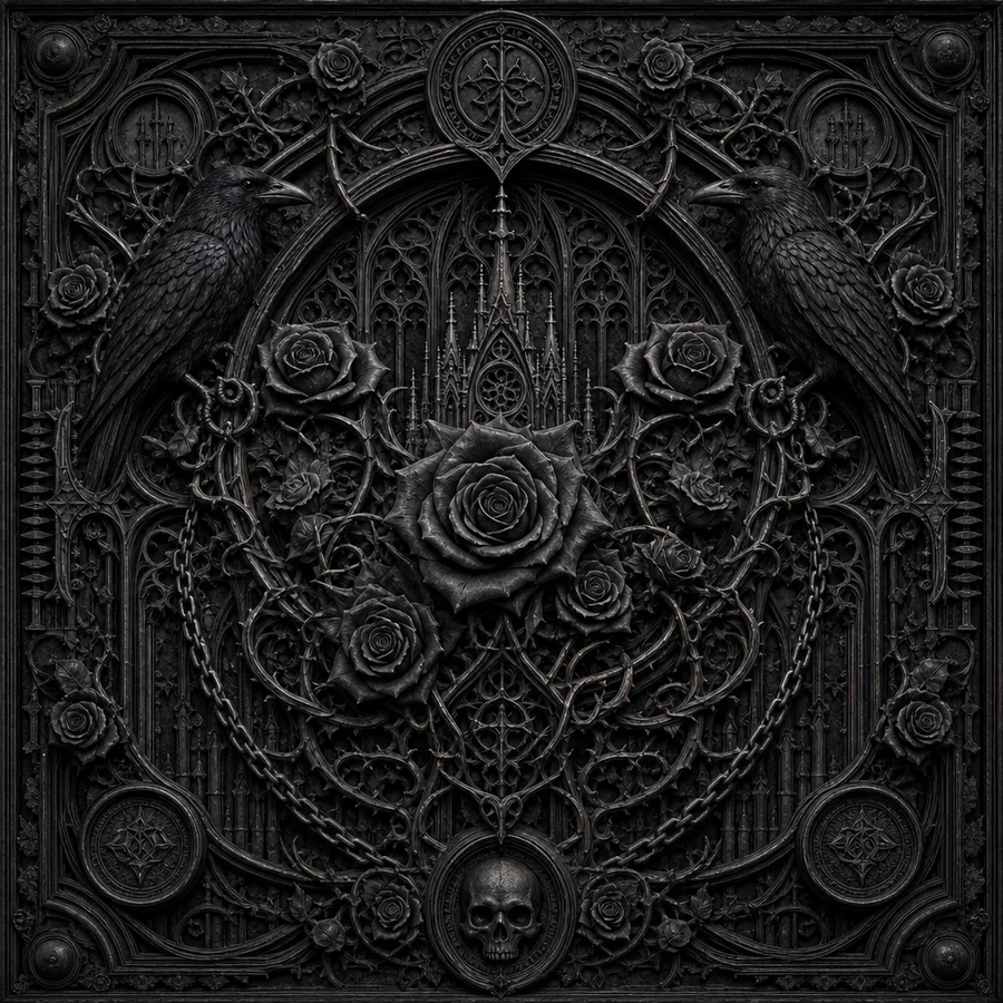 Relief Noir panel with carved ornamental birds, roses, and architectural tracery