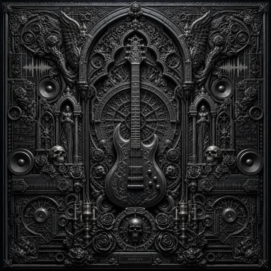 Relief Noir bas-relief panel with a carved central guitar and ornamental framing