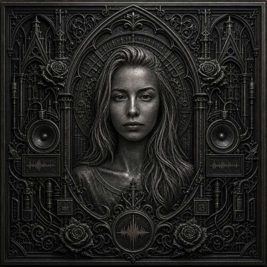 A portrait photo transformed into a carved blackened-metal bas-relief centerpiece